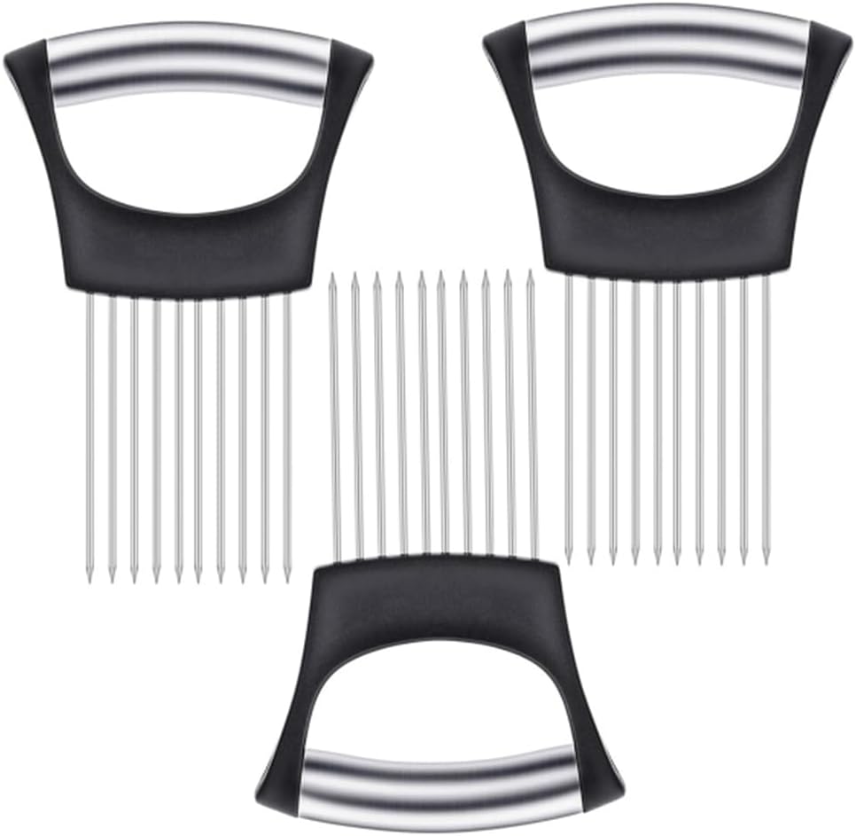 2Pcs onion slicer, Kitchen Prong Slicer for Vegetables and Meat, Stainless Steel Tines with Safety Handle, Black (2)