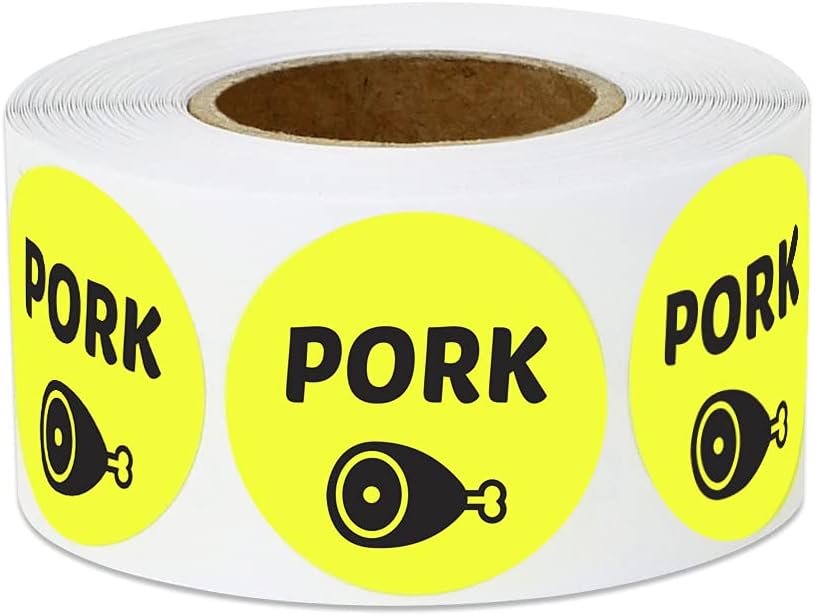 600 Pork Labels, 1" Round Pork Food Labels Meat Deli Pantry Catering Food Truck Grocery Store Menu Meal Choice Sticker Meat Package Stickers, Yellow - 2 Rolls of 300