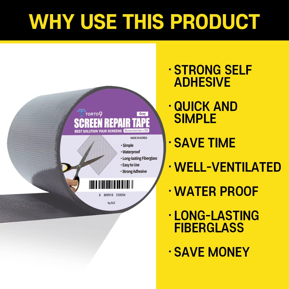 TORTO9 Window Screen Repair Kit, 3-Layer Strong Adhesive & Waterproof Tape Fiberglass Covering mesh (Gray, 2 Inch x 6.5 FT)
