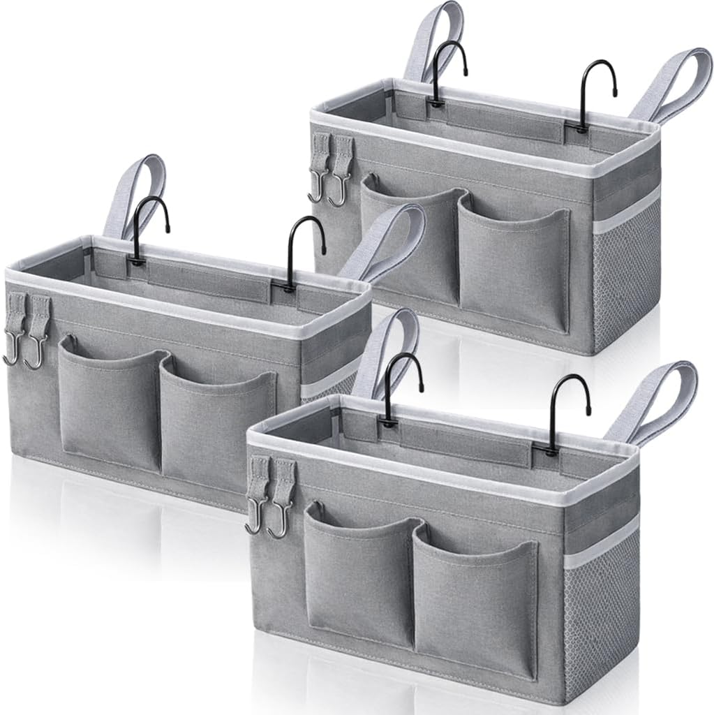 Kanrichu 1pcs Bedside Caddy Hanging Storage Bag, Organizer Baskets with Pockets for Bunk Bed Accessories, Loft & Dorm Rooms Chair Bed Rails (Grey-1pcs)