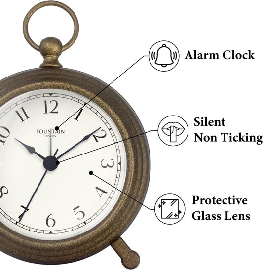 5.4" Jensen Pocket Watch Analog Alarm Clock,Morning Silver | Silent Non Ticking,Durable Metal,Loud Desk & Shelf Alarm Clocks for Bedroom,Home Office, Mantel & Living Room