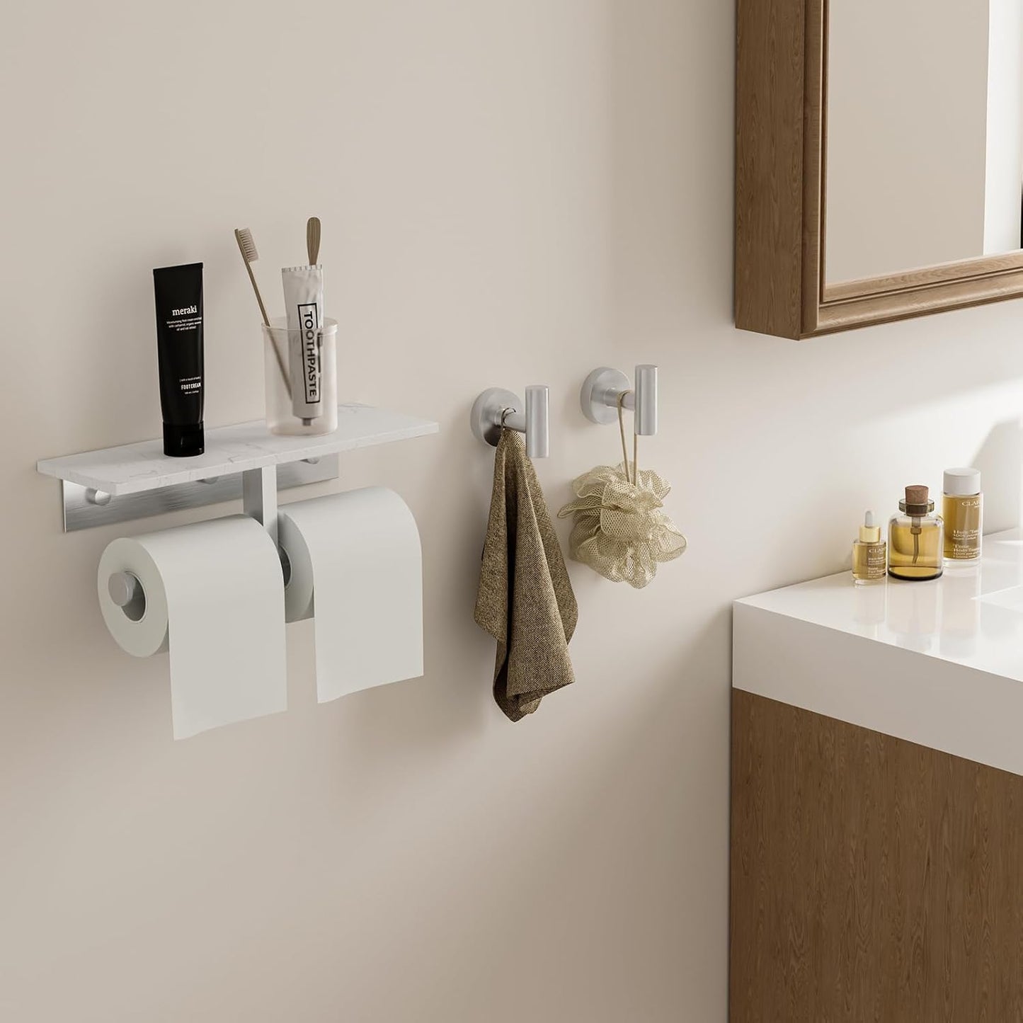 BWE Brushed Gold Toilet Paper Holder with Marble Shelf Wall Mounted | Toilet Paper Roll Holder with Phone Shelf 304 Stainless Steel Tissue Holder for Bathroom Washroom,Saving Space