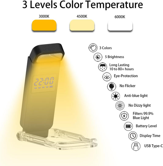 SFV Digital Book Lights for Reading at Night, USB Rechargeable Reading Lights for Books in Bed Clip-on, 3 Colors & 5 Brightness Dimmable, Compact & 80H Long Lasting for Book Lovers, Kids, Violet