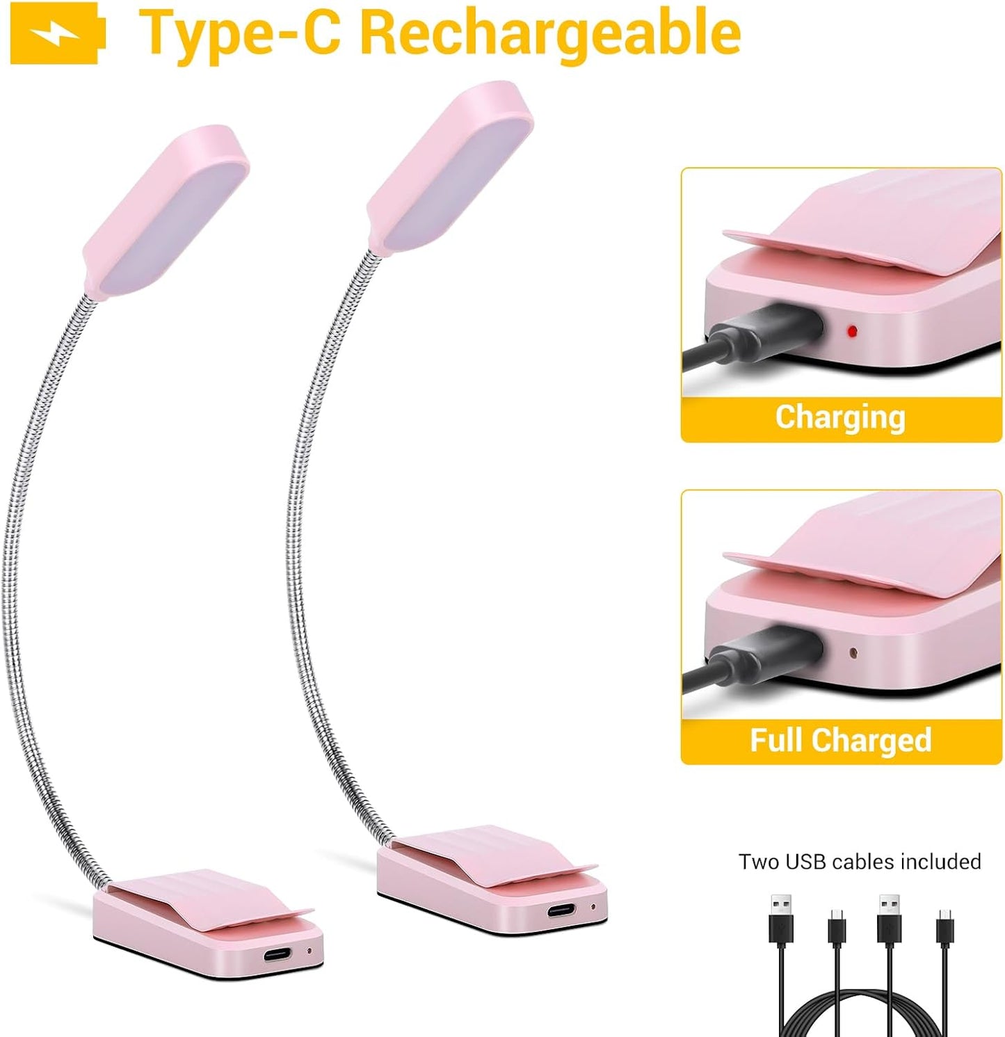 Book Light 2 Pack, Rechargeable Reading Lights for Books in Bed-Eye Caring 3 Colors, Stepless Dimming, 360° Flexible Studying Small Desk Lamp, Lightweight Clip-on LED Night Light for Book Lovers, Kids