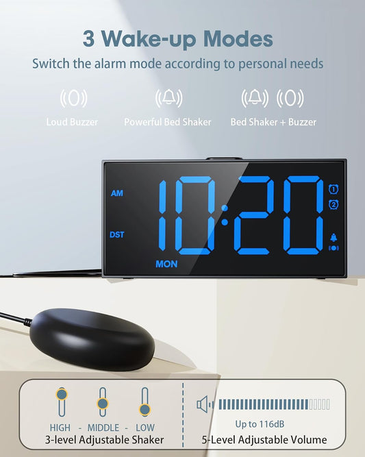 Roxicosly Vibrating Alarm Clock with Bed Shaker for Heavy Sleepers, 3-Level Vibration, Dual Alarms with Weekday & Weekend Mode, Large Digits, Dimmer, Snooze, USB Charger, Battery Backup