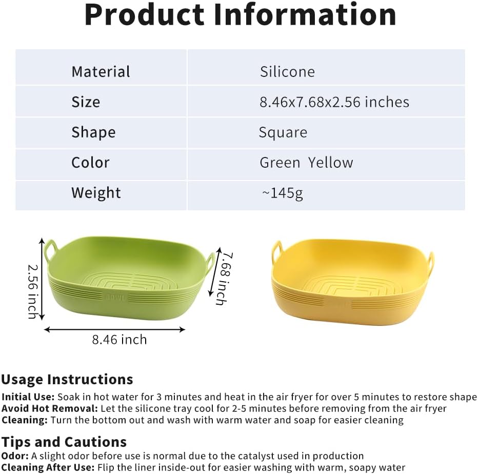 Air Fryer Silicone Liners Square 8.5 Inches 2pc Non-Stick food grade Reusable Airfryer Silicone Pot Baking Basket Bowl for 5.8 to 8 Qt Air Fryer Backing Tray Over Accessories | 8.5 Inches 2pc Reusable Airfryer Silicone Pot Baking Basket Bowl for 5.8 to 8