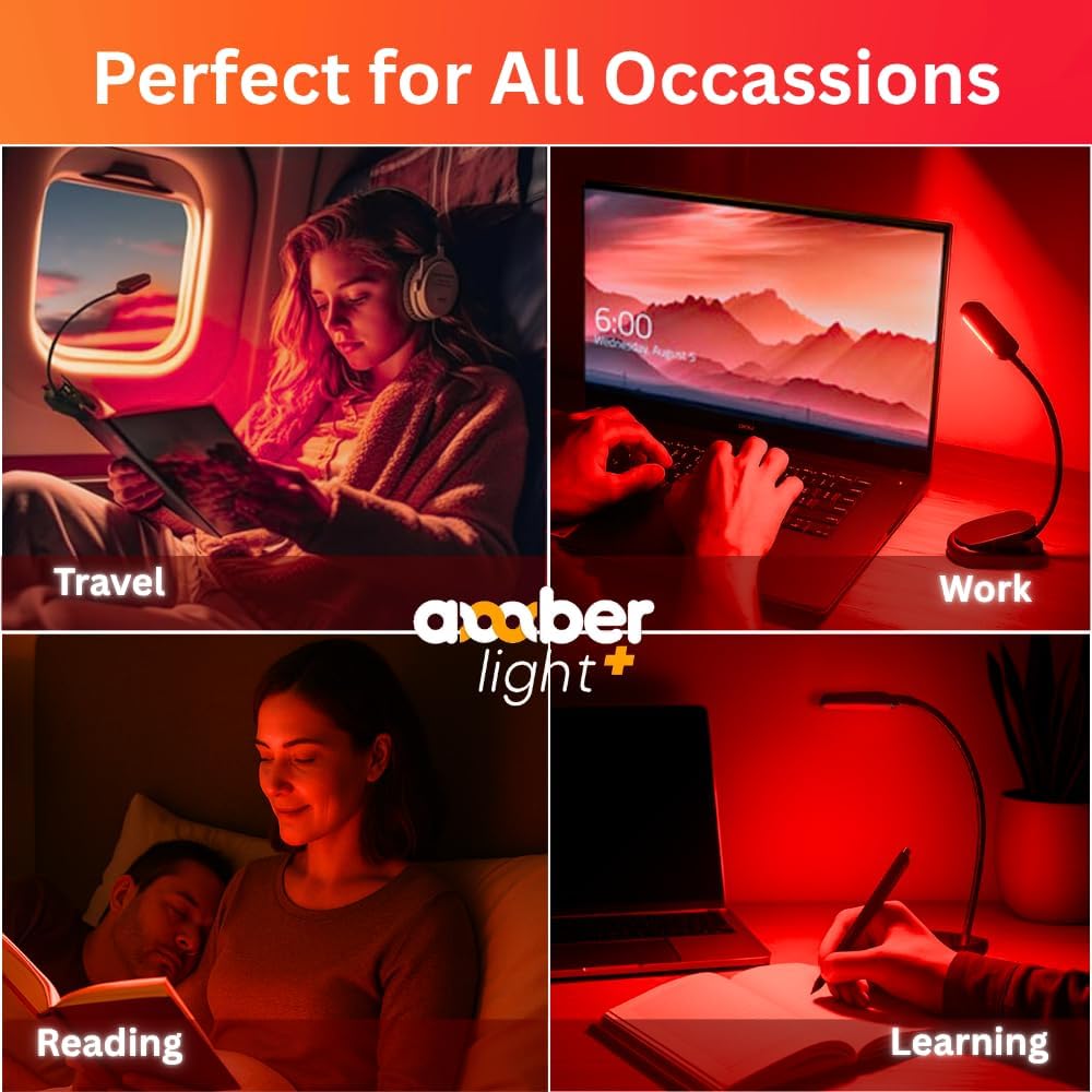 Amber Reading Light + Redlight. Giftable Blue Light Blocking Book Light for Reading in Bed