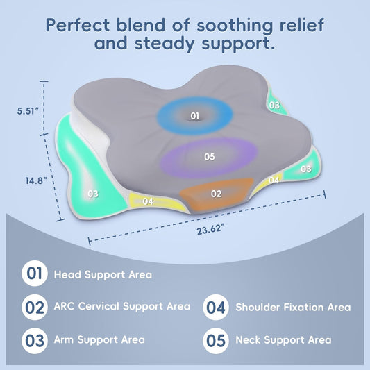 Cervical Neck Pillow,Memory Foam Pillow with Dual Height, Grey