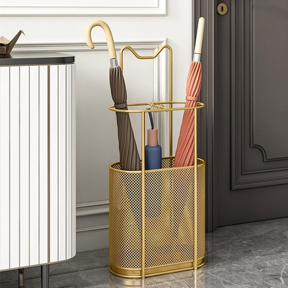 Metal Umbrella Holder Stand,Metal Umbrella Stand for Entryway, Stand Cane Holder with Drip Tray, Umbrella Rack Storage Bin Freestanding,Gold