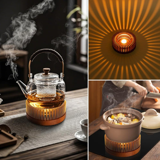 Teapot Warmer, Aluminum Tea Warmer with Wooden Base, Candle Heater for Heating Tea, Coffee, Milk, Food,Camping and Traveling, Universal Teapot Heater (Small-with Wooden Base)
