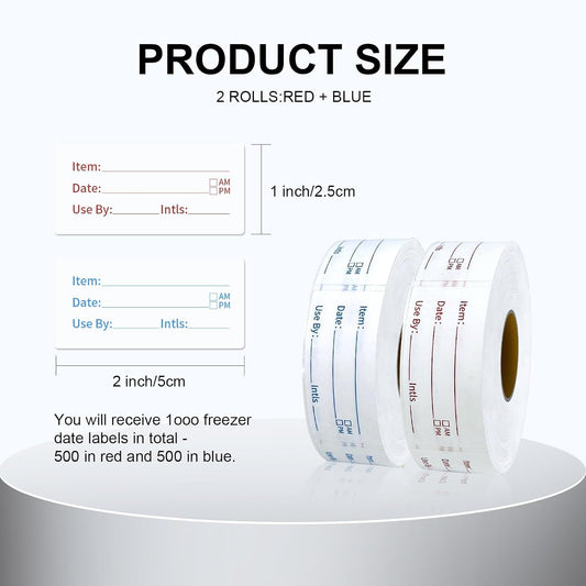 Removable Food Labels 2 Rolls 1000 Pcs Waterproof Oil-Resistant Write-On Date Stickers with Bonus Pen Freezer Refrigerator Food Container Labels for Meal Prep & Organization