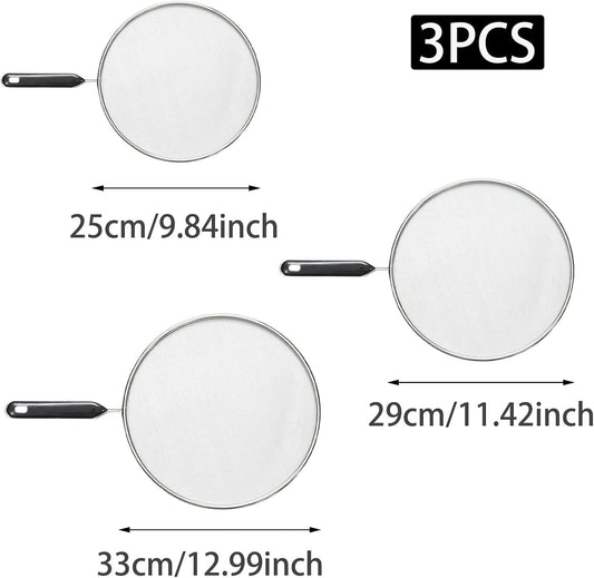 3 Pcs Splatter Screen for Frying Pan with Silicone Handle (9.8", 11.4", 13"), Stainless Steel Grease Splatter Guard for Kitchen Frying Pan Cooking to Prevent Oil Splatters