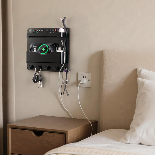 Bedside Wall Shelf with Glasses Hooks, Adhesive Bedside Organizer Wall Mount for Dorm and Room Accessories Phone,Remote,Earphone, Kindle (White)