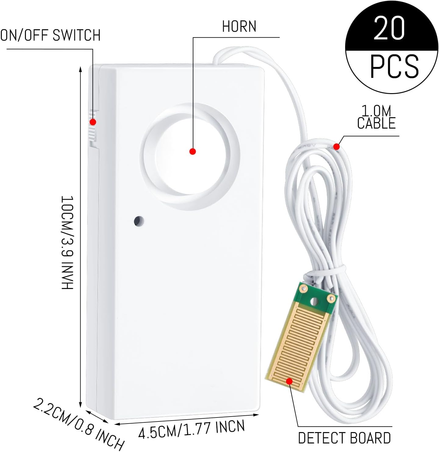 10 Pcs Water Sensor Alarm Leak Detector 120db Water Leak Alarm 9v Battery Flood Sensor Detector Overflow Security Alert for Home Basement Kitchen Garage Bath Tub Sink, White