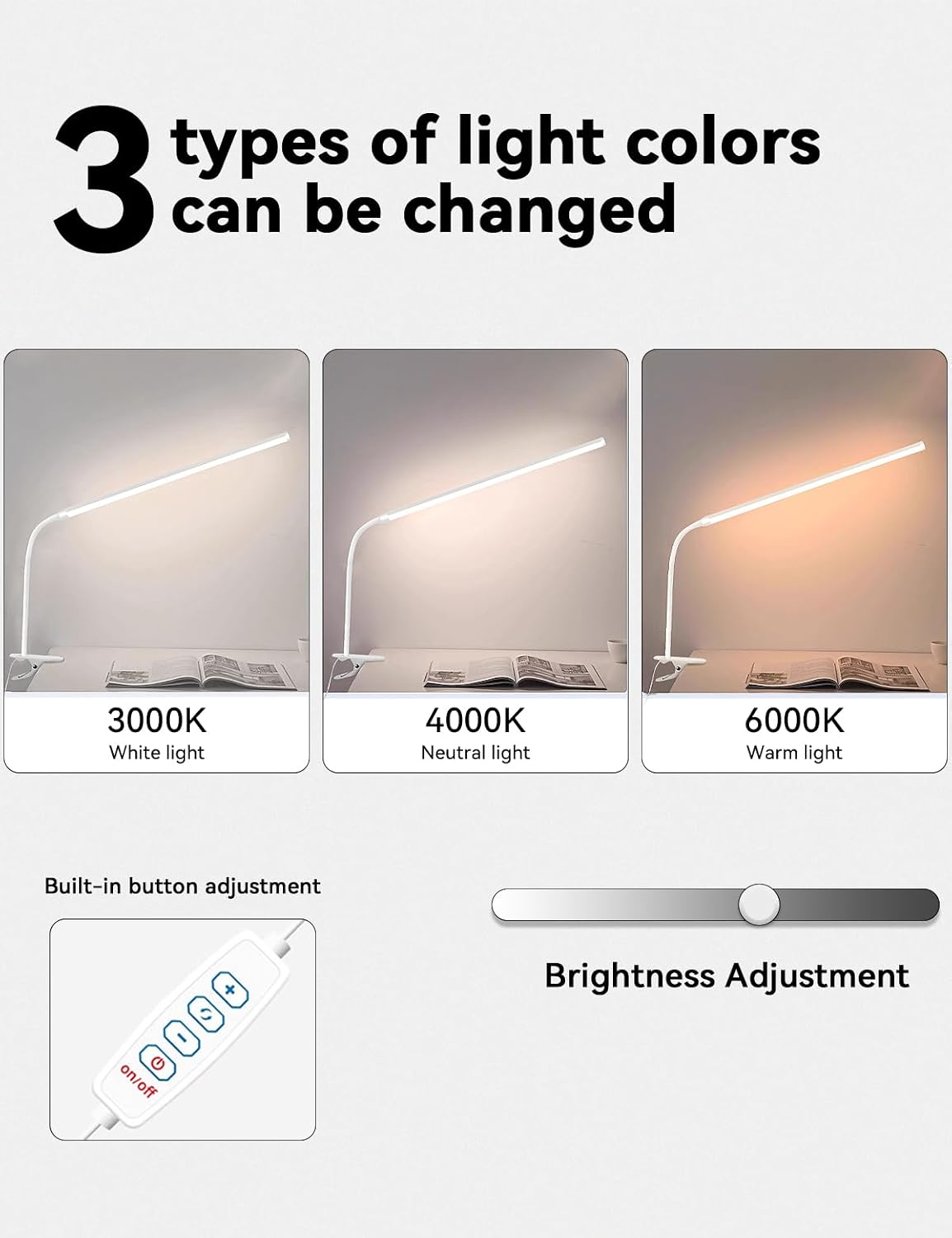 2 Pack LED Desk Lamp with Clamp,Eye-Friendly Clip on Lights for Home Office Study Reading,3 Modes 10 Brightness,Long Flexible Goose-Neck,Swing Arm Architect Task Table Lamps USB Usage
