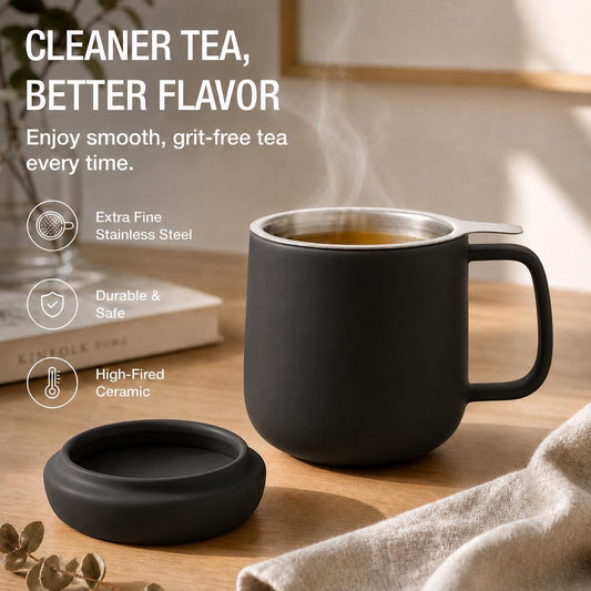 Tealyra - Sumo Porcelain Loose Tea Steeping Mug - 15oz/450 ml Ceramic Tea Cup with Infuser and Lid/Coaster - Extra Fine Stainless Steel Infusion Strainer - For Home or Office - Yellow