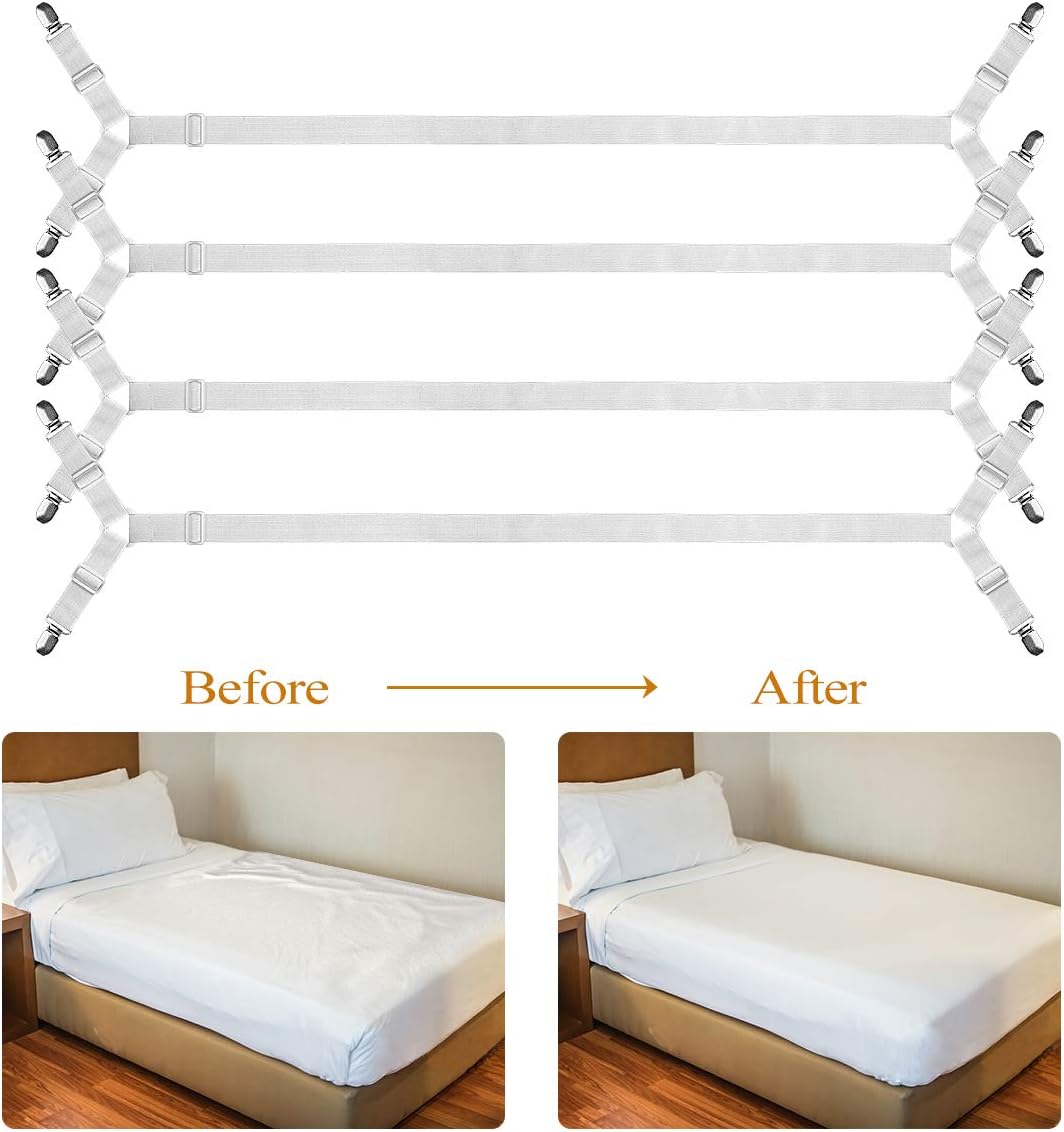 ZHOUBIN Sheet Suspenders Clips, Bed Sheet Straps Mattress Sheet Holders for Twin, Full, Queen, King - Keep Sheets in Place Corner Sheet Grippers Fasteners Sheet Stays