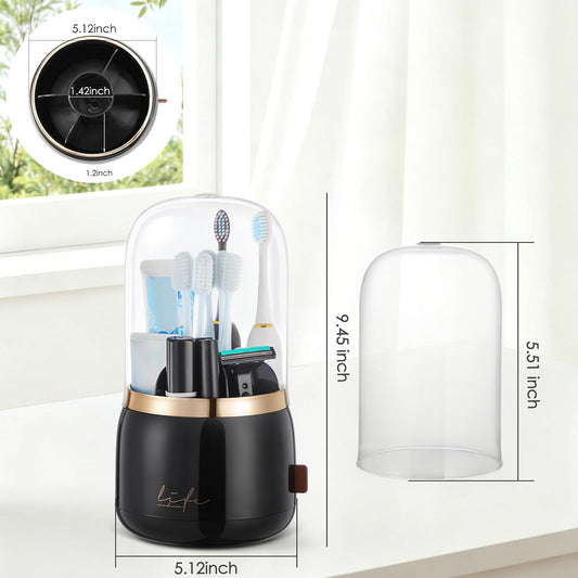 Toothbrush Holders, Toothbrush Holders for Bathrooms, Makeup Brush Holder | Toothbrush and Toothpaste Holder, Rotatable Toothbrush Holder with Transparent Dust Cover, Multi Drainage Vent Holes