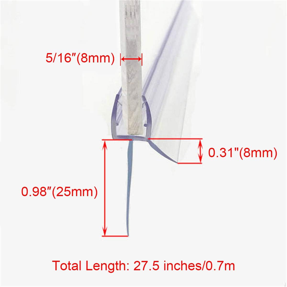 Frameless Shower Door Bottom Seal with Drip Rail 1/4" Thick Glass 27.5" Long Sweep - Glass Door Seal Strip Stop Shower Leaks