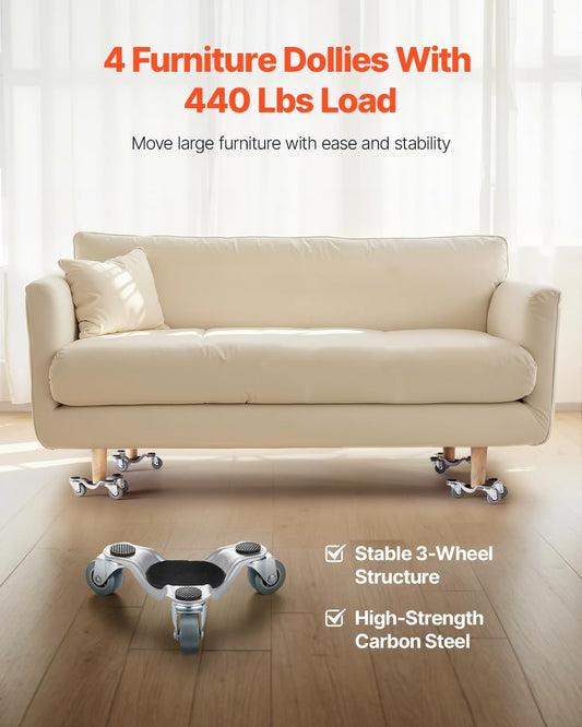 VEVOR Furniture Dolly, 4 Pack 6-Inch Steel Tri-Dolly with 360° PP Swivel Wheels and Non-Slip Cap, 3 Wheels Furniture Lift Mover Tool Set for Moving Heavy Furniture Refrigerator Sofa