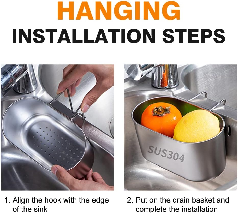 SYCOOVEN Stainless Steel Sink Drain Strainer Basket, Multifunctional Hanging Sink Strainer Colander Drain Basket Kitchen Sink Food Waste Filter and Wash Vegetables Fruits(Silver)