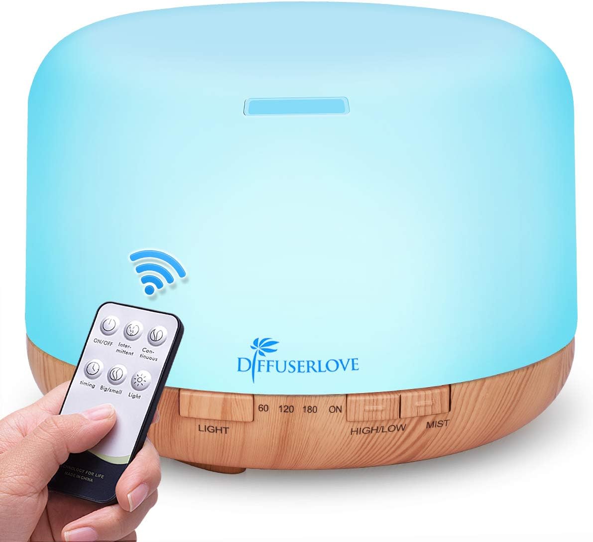 Diffuserlove Essential Oil Diffuser 500ML Aromatherapy Diffuser Mist Humidifiers 7 Color LED Lights Diffusers for Home Office Bedroom (Size:6.7" L x 6.7" W x 4.7" H)