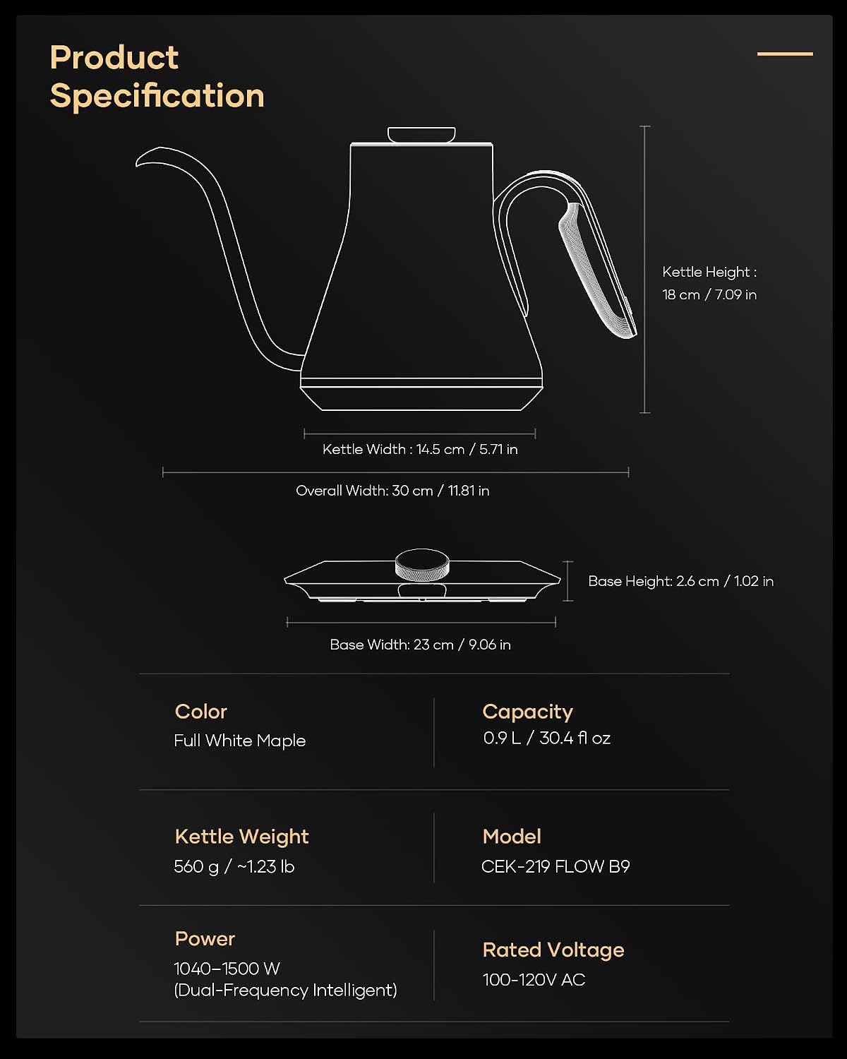 Cocinare FLOW B9 Gooseneck Electric Kettle ±1°F Temperature Control