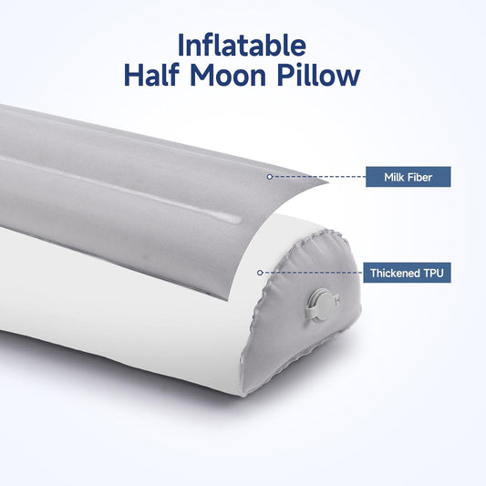 Inflatable Bolster Pillow for Legs, Knees & Back – Lightweight,Half Moon Support Cushion for Sleeping & Travel – Soft Milk Fiber & TPU – Adjustable Lumbar, Knee & Ankle Support 51x21x12cm