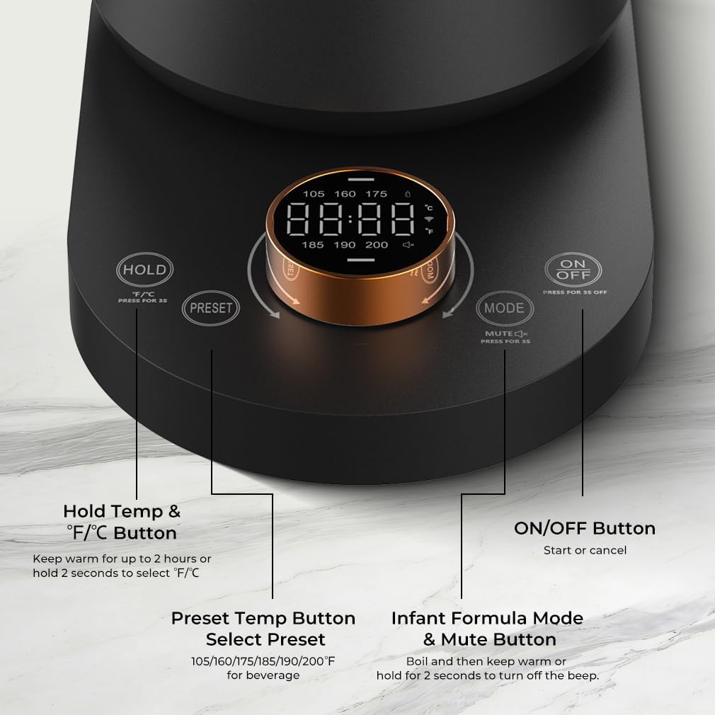 Electric Gooseneck Kettle with Temperature Control, 0.8L Pour Over Coffee, ±1°F Precision Heating, 7 Presets, Stainless Steel Inner, Electric Tea Kettle with 2H Keep Warm, Matte Black