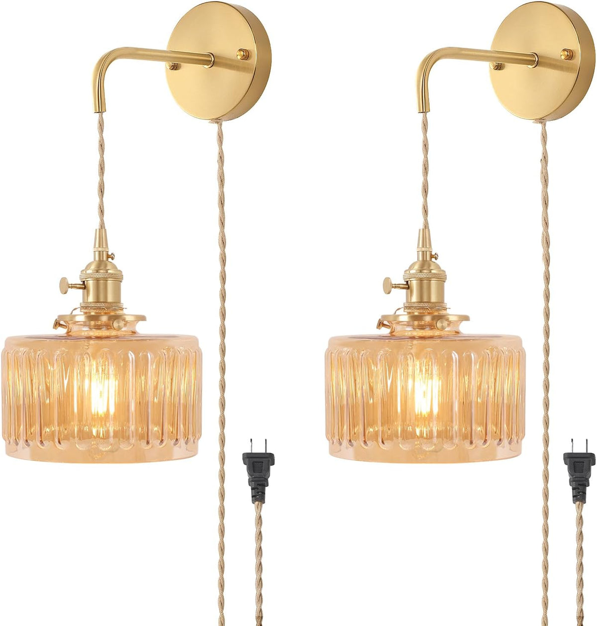 Shenmoyl Battery Operated Wall Sconce with Green Striped Shade Pattern Glass Adjustable Chain Retro Gold Wall Mounted Light, Modern Wall Lamp Fixtures Decor for Bedside Bedroom Indoor Doorway