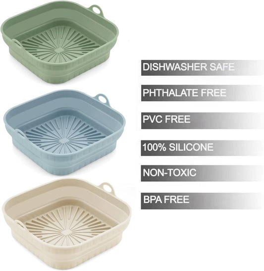 3 Pack Silicone Air Fryer Liners Reusable– Emptycolor 8 Inch Square Silicone Liners for Air Fryer Basket, Non-Stick Heat Resistant Airfryer Silicone Pot Basket for 3QT–6.8QT, Oven & Microwave