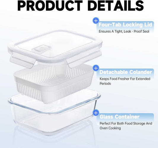 Glass Fruit Storage Containers with Colander, Detachable Colander, 2 Pack | Leak-Proof And Four-Tab Locking Lid | Glass | For Daily Use/Travel/Cooking | Fruit/Vegetable/Lunch