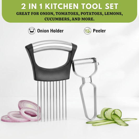 Onion Holder for Slicing, Stainless Steel Onion Cutting Guide with Finger Protector – Vegetable Prep Tool with Bonus Peeler for Safe, Even Slices