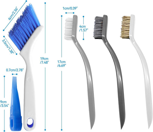 Crevice Cleaning Brush Set for Kitchen & Window Tracks, 4-Piece | 4-piece set includes hard bristle, steel wire, brass wire, nylon brushes and a built-in scraper for gaps, grout and tracks.