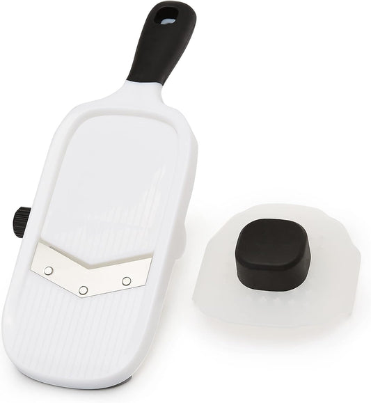 Amazon Basics Hand-held Safe Mandoline Slicer for Vegetables and Fruits, Adjustable Thickness, Stainless Steel Blade, White, 11.3" x 4.5" x 2.5"