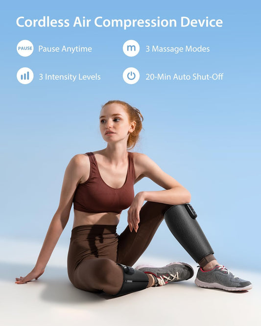 CINCOM Air Compression Leg Massager, Cordless Calf Circulation Massager | 3 Modes 3 Intensity Levels Adjustable Velcro Zipper Pause Portable Easy to Put On Improving Leg Circulation Pain Relief