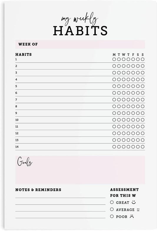CARDAMONOLY Habit Tracker Notepad in Black and Light Pink- 50 Page Tear Off Planning Pad - 6 x 9 - High Performance Planner - Chore Chart for Adults - Weekly Planner Undated - Self Care Planner
