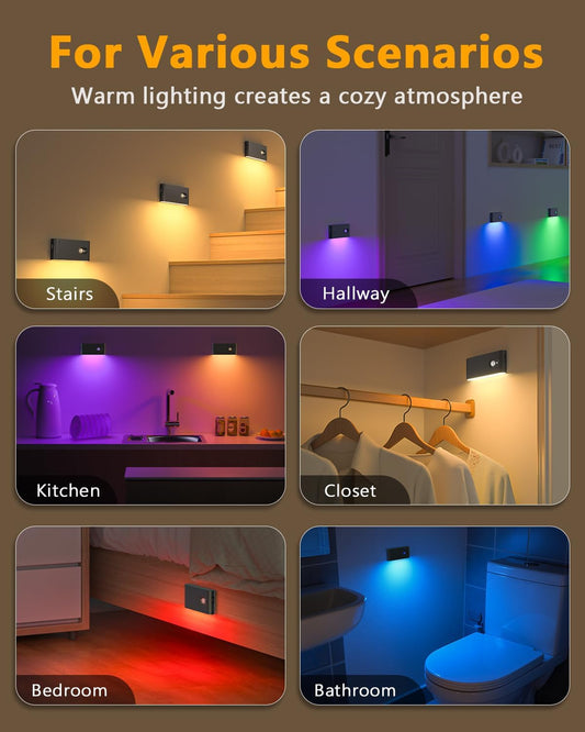 WILLED Stair Lights Indoor Rechargeable,RGB & Warm White Color Changing Night Light,Wireless Motion Sensor Lights Indoor for Stair,Bathroom,Hallway,Kitchen,Closet,Cabinet,Bedroom,Kids' Room