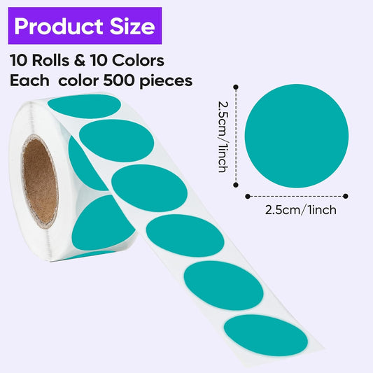5000 PCS 1/2" Colored Dot Stickers Round Color Coding Labels Polka Circle Dot Label Sticker for Toddler, Office, Student, Classroom, Papers Etc(10 Rolls, 1/2 Inches)