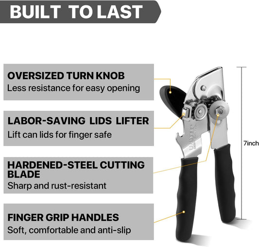 UHIYEE Heavy Duty Hand Can Opener with Comfortable Grip for Seniors, Black | Manual Can Opener, Hardened Steel Blade, Rubber-Coated Handle, Oversize Knob, Built-in Magnet & Bottle Opener