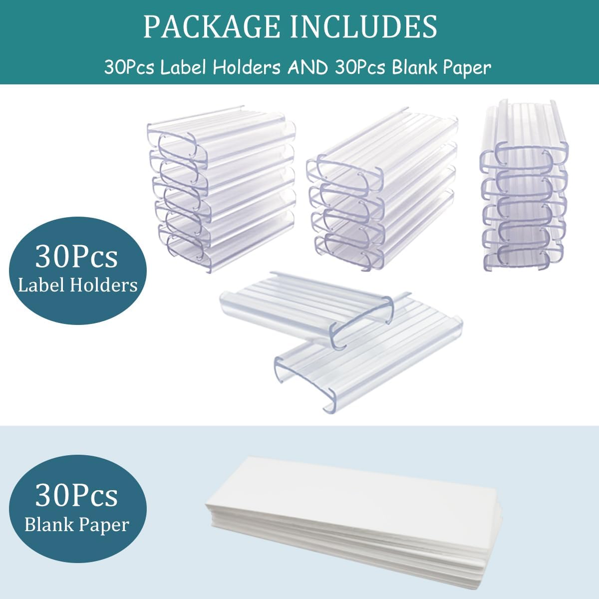 Wire Shelf Label Holders Compatible with Metro 1-1/4in Shelves, ELEMGULY 30 Pack 3in Lx1.4in H Plastic Wire Shelf Label Clips with Label Paper Removable Wire Rack Label Holder Display Clip