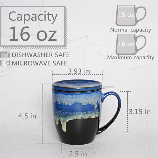 Bosmarlin Ceramic Tea Cup with Infuser and Lid, 16 Oz, 4 Color to Choose Dishwasher and Microwave Safe, Steeping Tea Mug with Strainer (Blue)