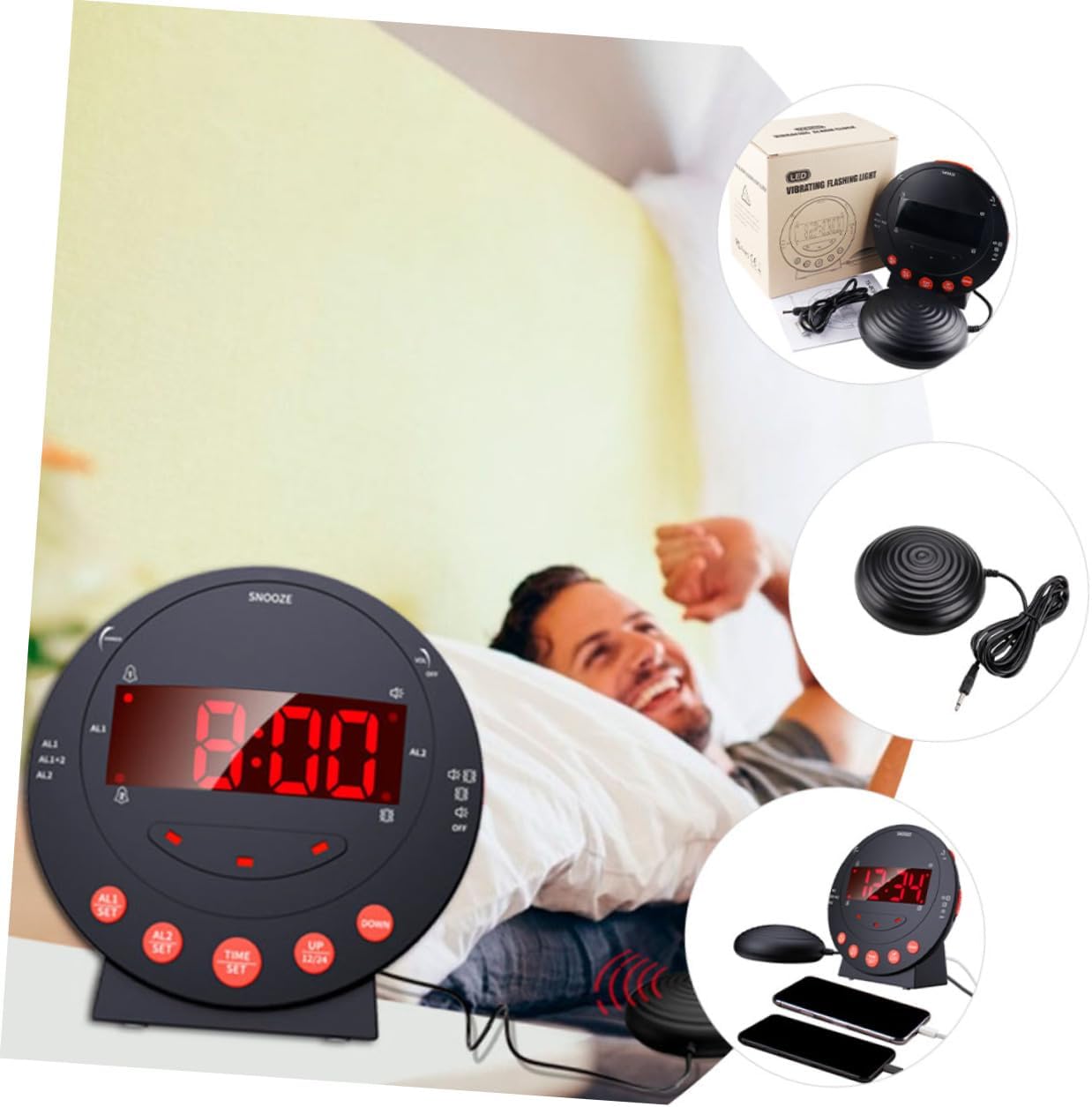 Happyyami Vibrating Alarm Clock with Bed Shaker for Heavy Sleepers and Deaf 3-Piece Set Digital LED Display Loud Sound Suitable for Home Use