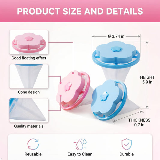 Floating Lint Catcher for Washing Machine, 6 Pack Reusable Pet Hair Remover, Dog Cat Fur Catcher, Blue and Pink, Cone Design (6, Blue and Pink)