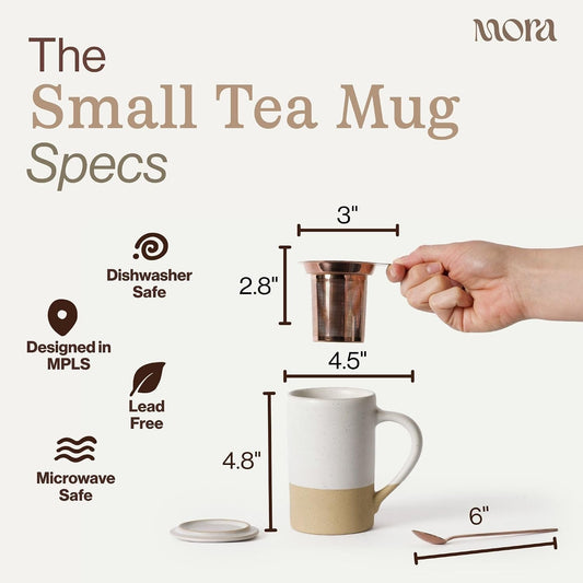 Mora Ceramics Tea Cup with Loose Leaf Infuser, Spoon and Lid, 12 oz, Microwave and Dishwasher Safe Coffee Mug - Rustic Matte Ceramic Glaze, Modern Herbal Tea Strainer - Great Gift for Women, Garnet