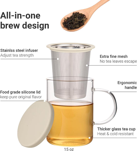 emoi 15 oz Glass Tea Cup with Infuser & Lid, Ideal for Loose Leaf Tea, Gray | Tea Mug with Extra Fine Mesh 304 Stainless Steel Steeper & Silicone Lid, Brew a Perfect Cup Easily at Home or Office