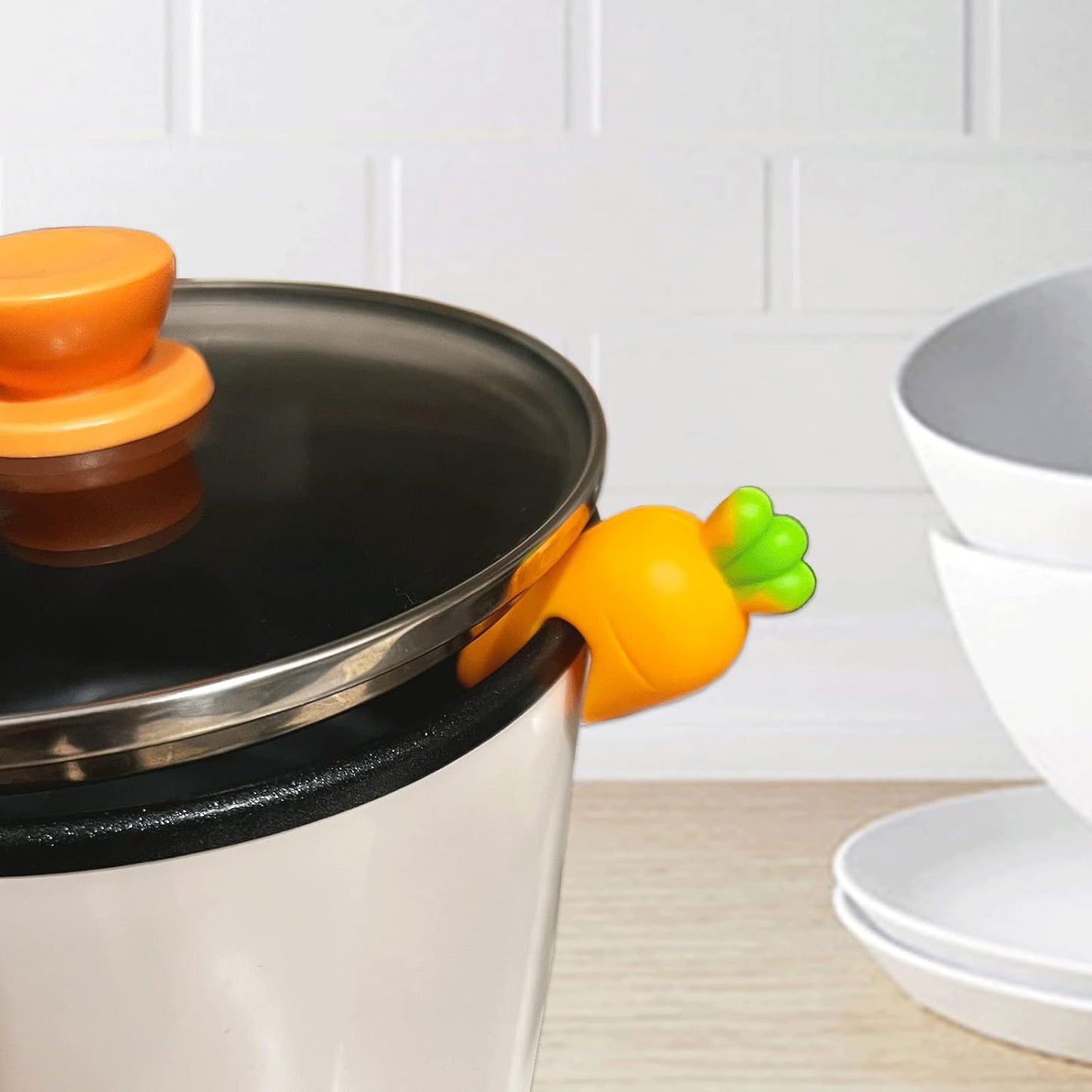 6Pcs Spill-stop Silicone Lid Lifter for Soup Pot - Heat Resistant, Keep Lids Open, Reduce Spills - Chicken Leg, Pepper, Carrot