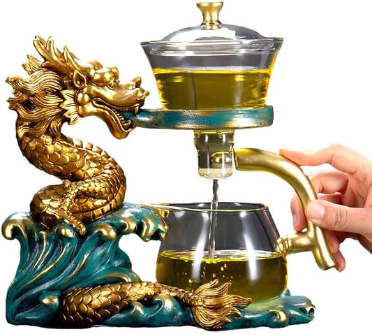 Glass Teapot Set Tea Maker with Infuser Semi Automatic Drip Rotating Cover Bowl Lazy Tea Set (Dragon, Teapot set)