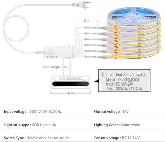 COB LED Strip Lights 12V 6-in-1 Door Sensor Control with 60W Adapter