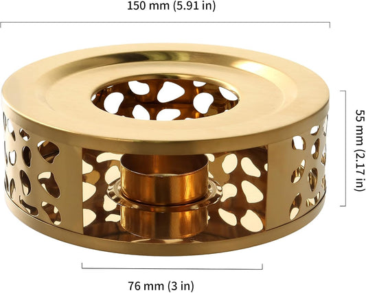 HOIGON 3 PCS Teapot Warmer, Stainless Steel Brushed Tea Pot Warmer Base with Tealight Candle Holder, Teapot Warming Tray, Gold